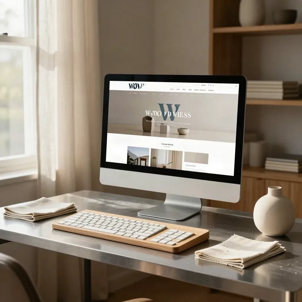 Schermo desktop sfocato con layout WordPress, swatch neutri e oggetto ceramico in studio luminoso