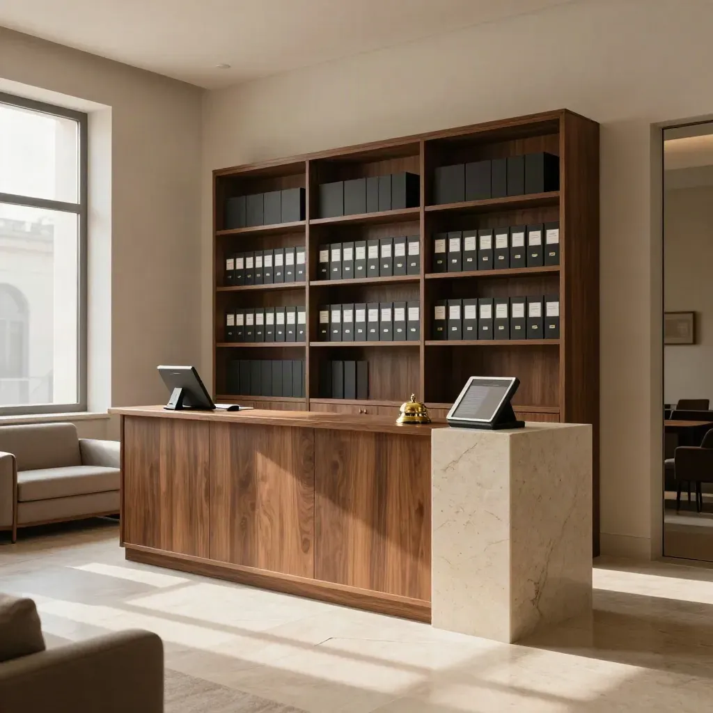 Reception di uno studio legale fiorentino, elegante e luminoso, con legno noce e dettagli in ottone.