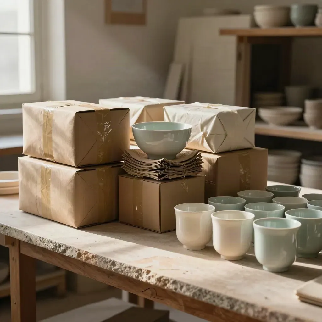 Scatole e tazze smaltate in un angolo di spedizione di ceramiche artigiane, luce calda.