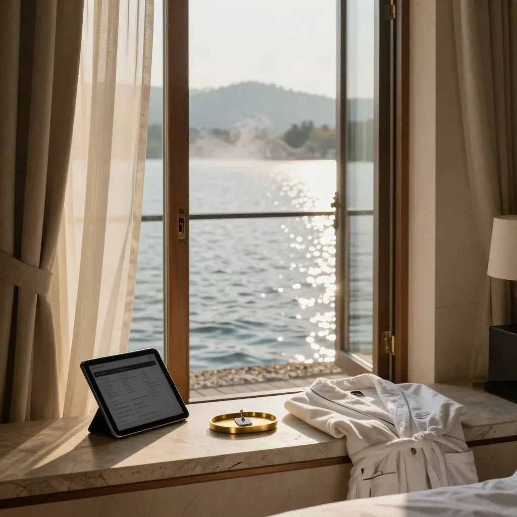 Suite d’albergo sul lago con tablet, vassoio chiavi e balcone aperto.