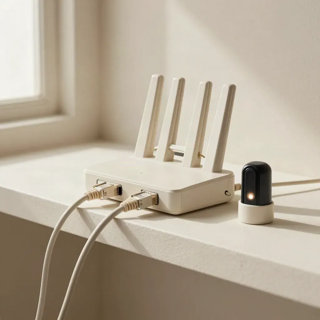 Router, hub e cavi Ethernet ordinati su mensola chiara con luce morbida e spia accesa.