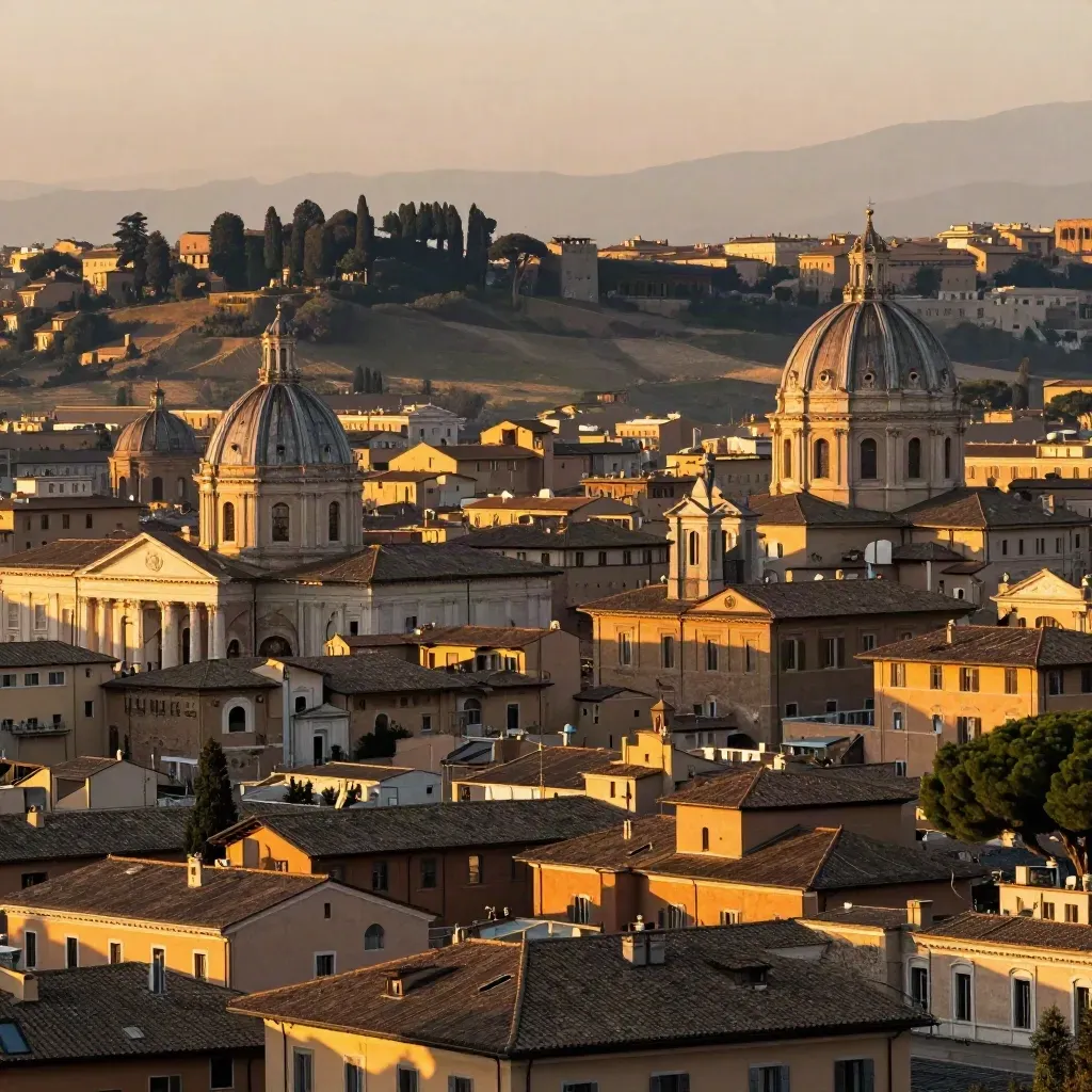 Veduta di Roma al tramonto con cupole terracotta e cipressi, luce calda e spazio per il testo.