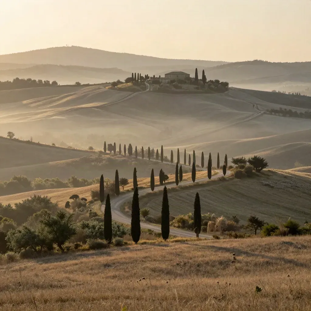 Colline toscane all’alba con cipressi, casale in lontananza e foschia morbida nei valloni.